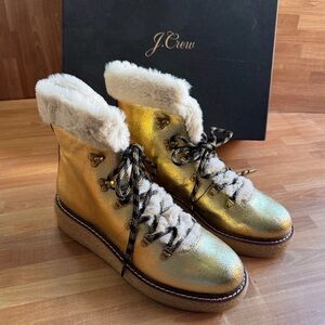 NWOT J. Crew Gold Winter Boots with Cream Fur